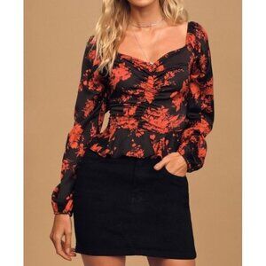 Lulus Ready for Romance Black Floral Print Ruched Long Sleeve Blouse Top Small